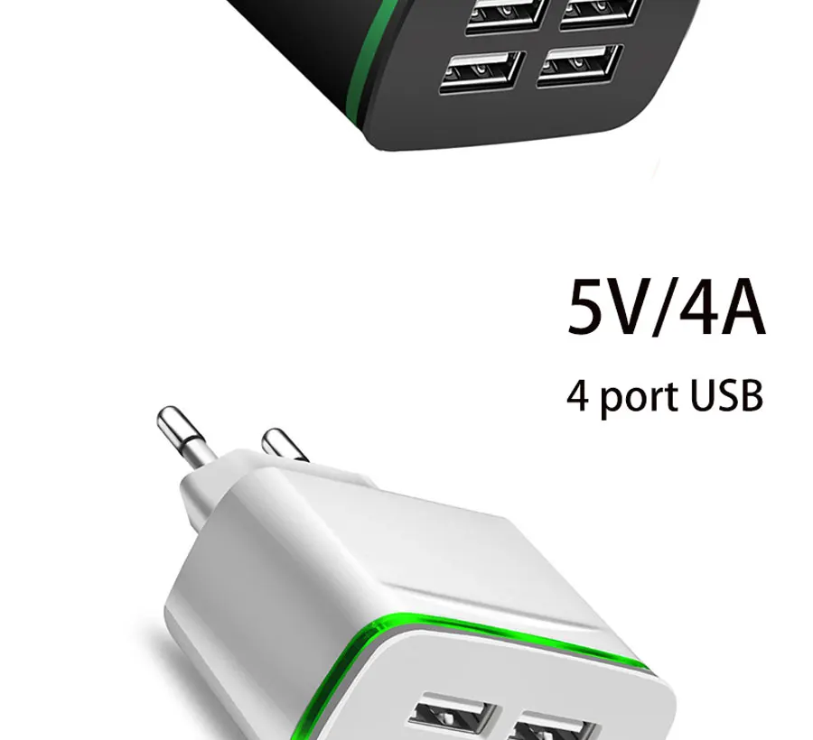 USB Зарядное устройство для iPhone samsung Xiaomi huawei 5V 4A штепсельная вилка европейского стандарта 4-Порты универсальная настенная Быстрая зарядка светодиодный светильник мобильного телефона Зарядное устройство