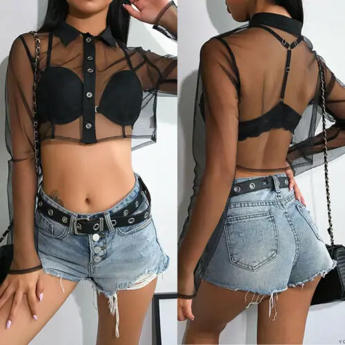 

Sexy Womens Mesh Fishnet Crop Tops 2019 New Summer See Through Long Sleeve Perspective Shirt Blouse S-L