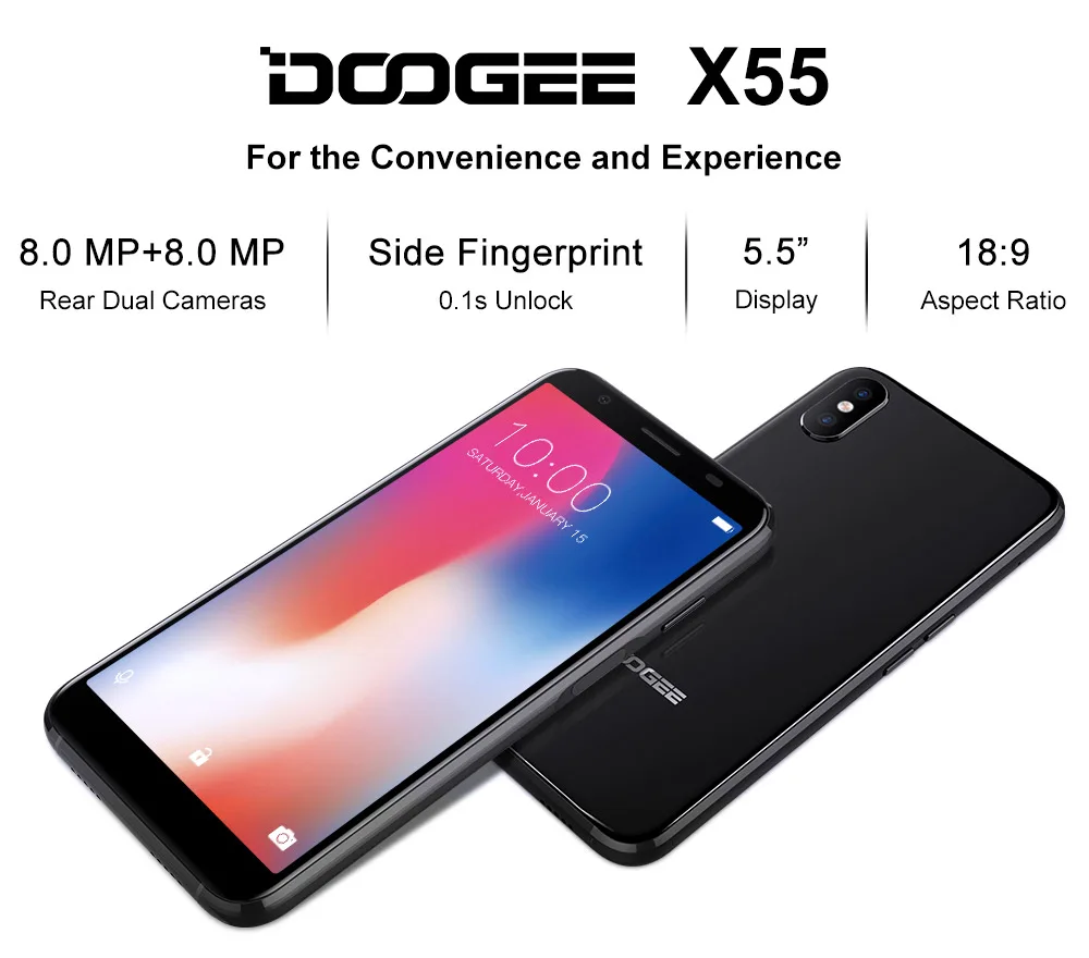 Новинка DOOGEE X55 смартфон 5,5 ''18:9 HD MTK6580 четырехъядерный 16 Гб rom Двойная камера 8,0 МП Android 7,0 2800 мАч боковой отпечаток пальца