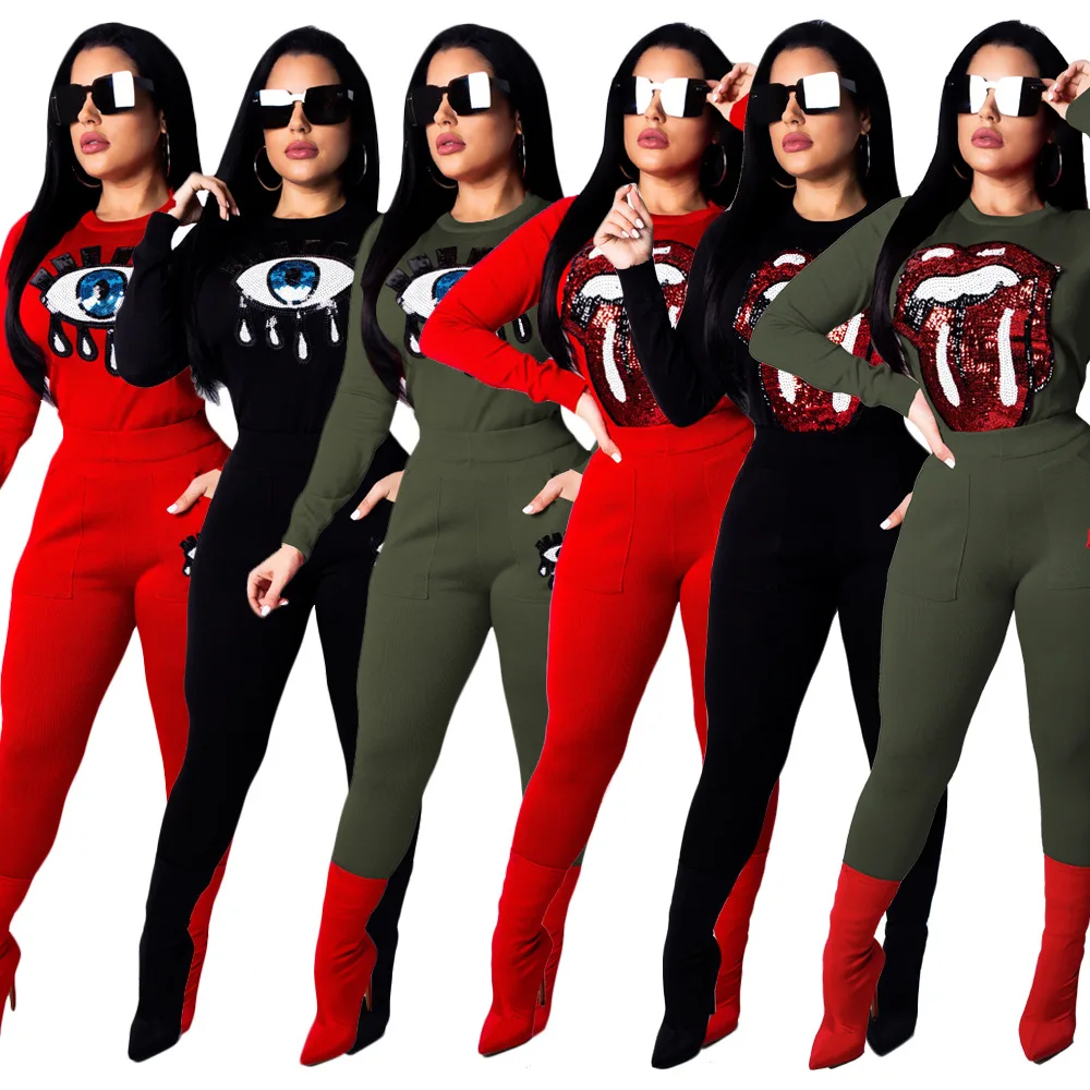 

New Winter Sporty Women's Tracksuits Sequins Tongue O-neck Top Pencil Long Pants Two Pieces Sets Fashion Outfits Overalls S3485