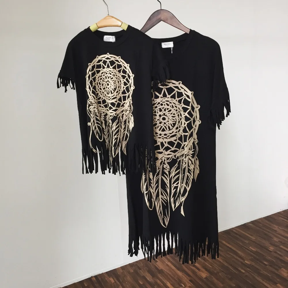 

family look 2016 mummy daughter new summer mom and daughter dress matching mother mommy me dress black fringe baby clothes