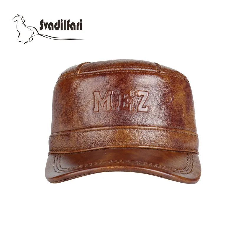 

Svadilfari New Winter 2018 Military Hats Haisum Genuine Leather Men's Military Cap Hat Best Quality Dad Cowhide Adult Solid