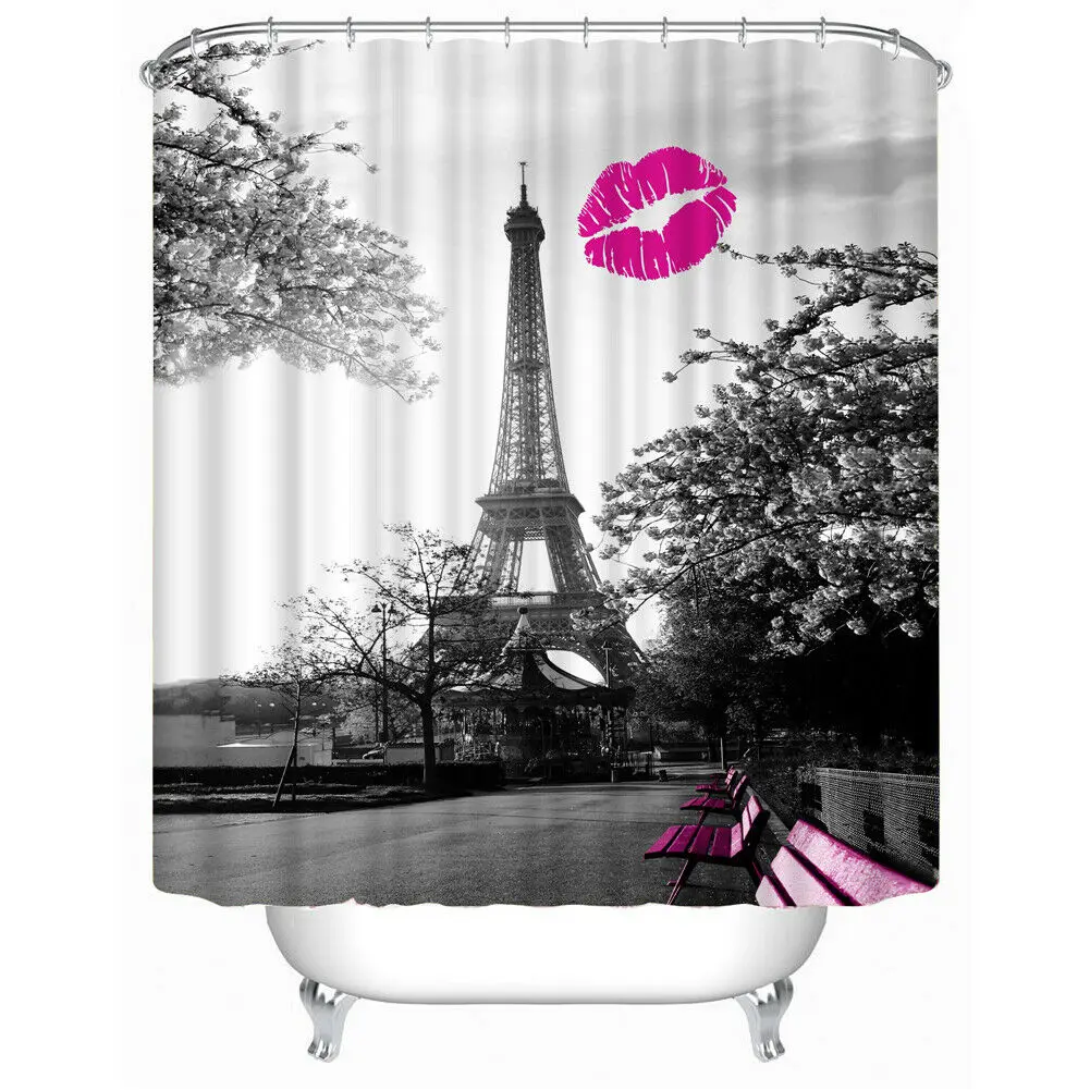 

New 3D Digital Eiffel Tower Red Lip Printed Waterproof Bathroom Bath Shower Curtain with 12 Hooks Bathroom Shower Curtain