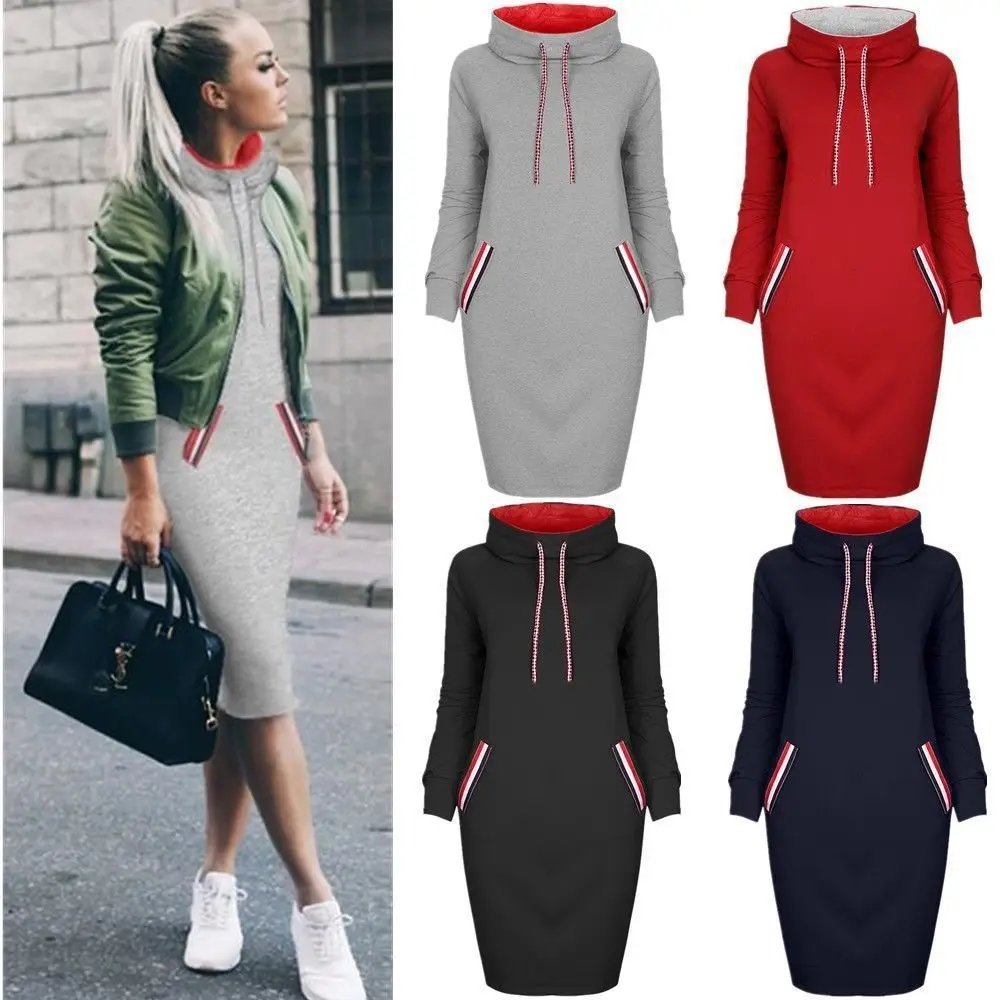 

Hooded Dress For Women 2018 Autumn Winter Turtleneck Fleece Hoodies With Pockets Women's Sweatshirt Dresses Casual Vestidos