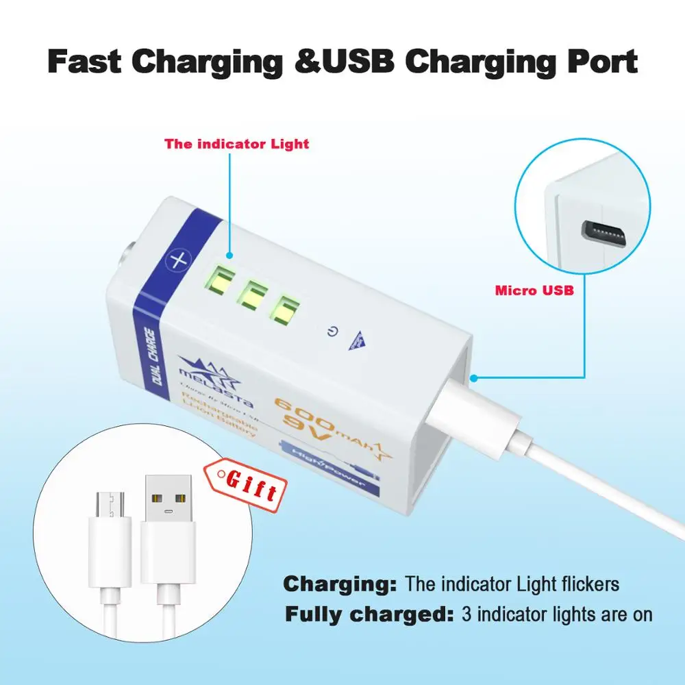 Melasta 4 шт 9V 6F22 USB 600 мАч литий-ионная аккумуляторная батарея для Дымовая пожарная сигнализация беспроводной микрофон гитары EQ домофон мультиметр