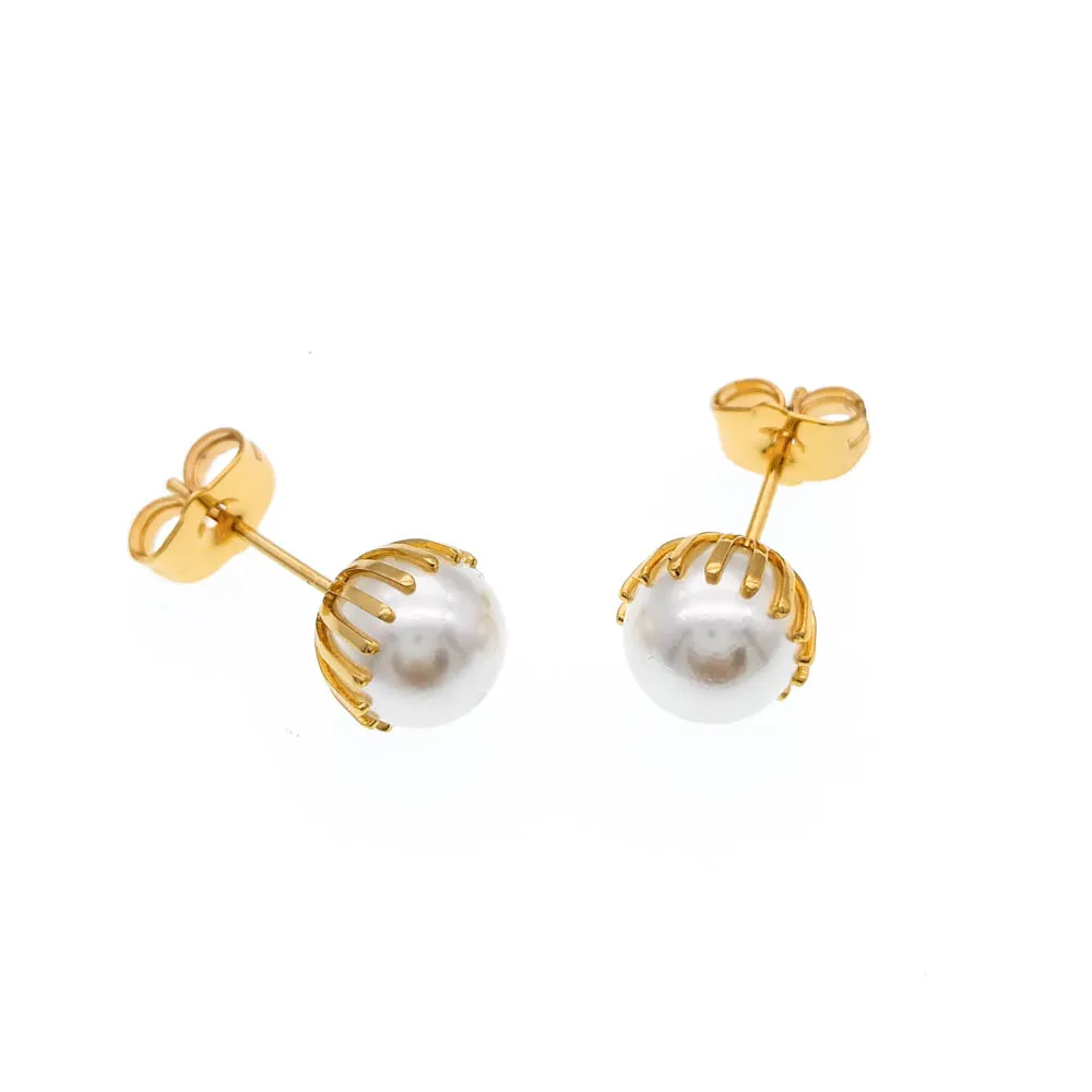 Женские серьги гвоздики с белым жемчугом золотистые пусеты E1705|pearl stud earrings|stud