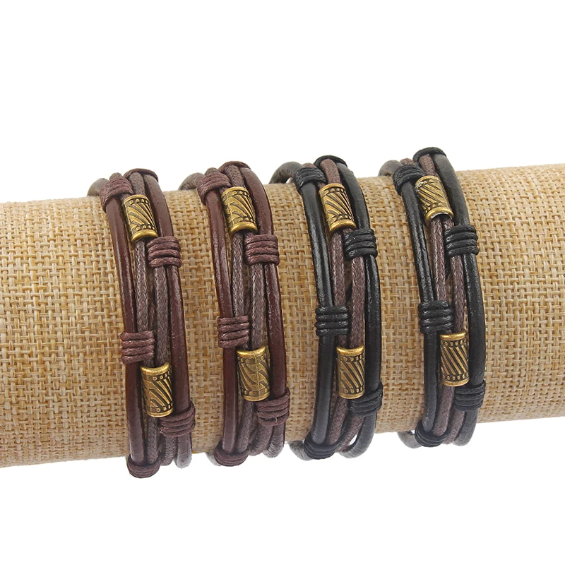 1Pcs Black/Brown Leather With Antique Bronze Small Cylinder Charm