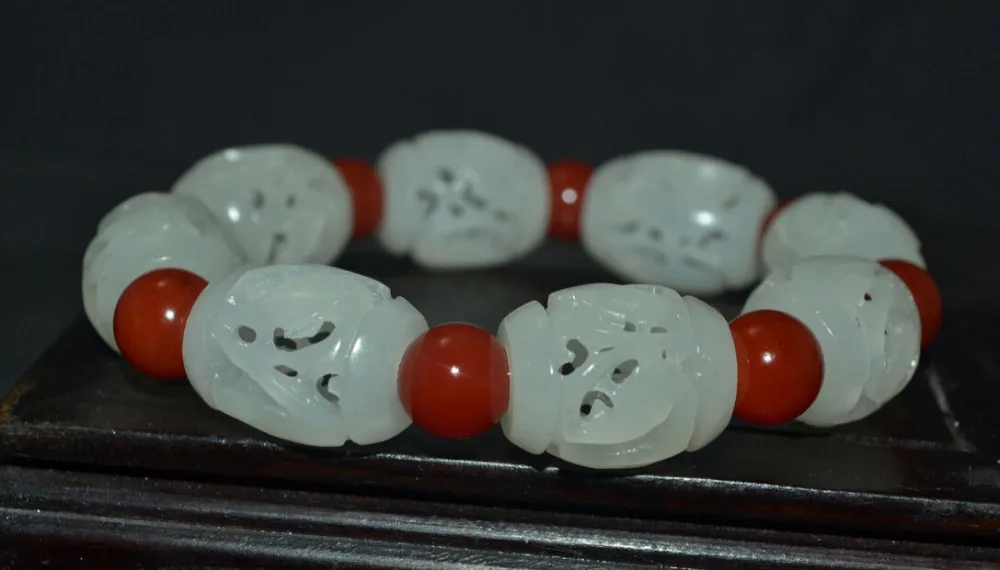 

shitou 00677 Royal Pure White Hetian Jade Ruyi Totem Hollow Out Bead Carving Bracelet Bangle