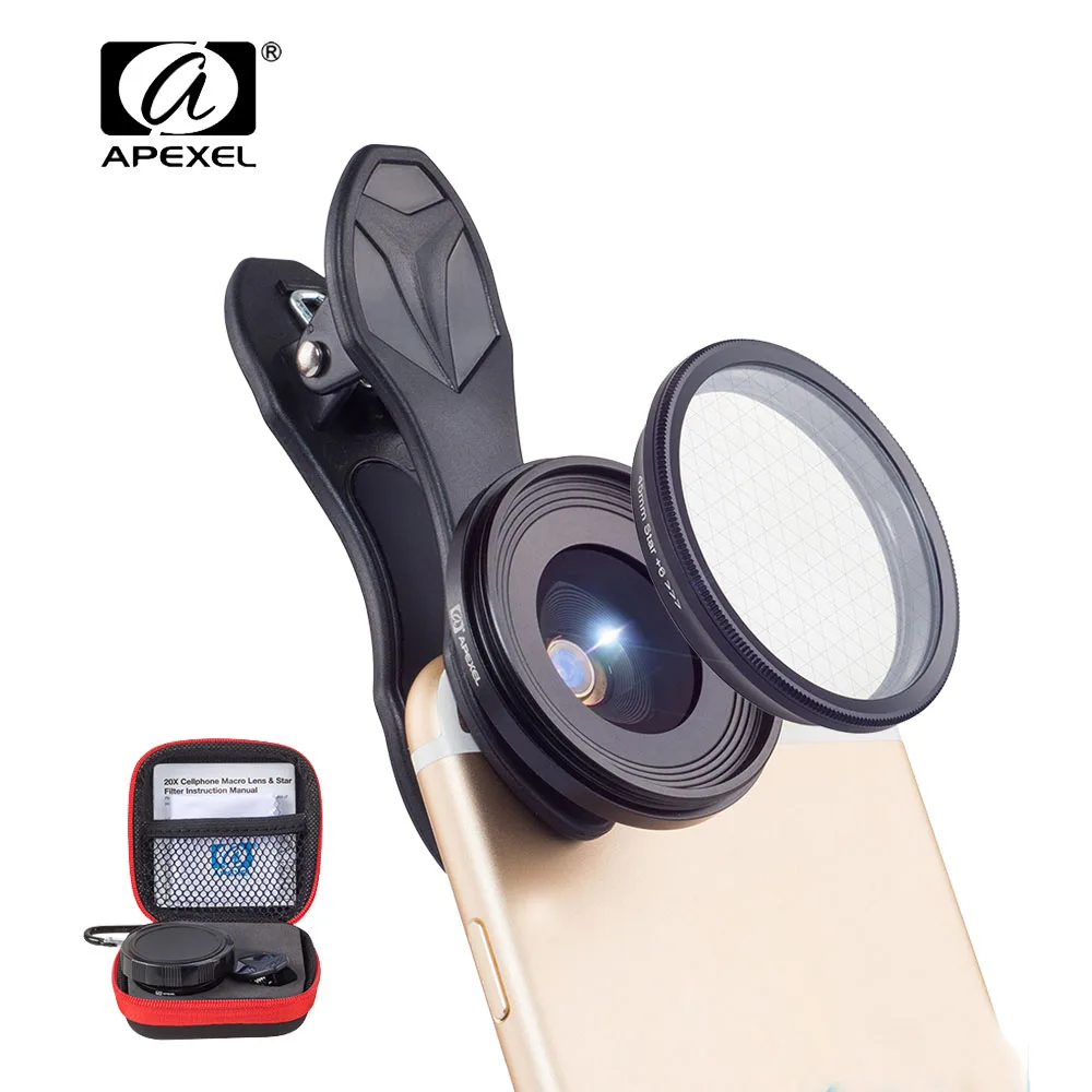 

APEXEL 25mm Microscope Cellphone lens 2in1 Camera lens and 20X Macroens Optical Mobile Phone Lens With Star Fliter For Phones