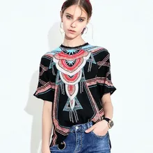 Европейский станция новые летние комплекты из топа и коротких рукав чистый шёлк с принтом Футболка женская мода T804678