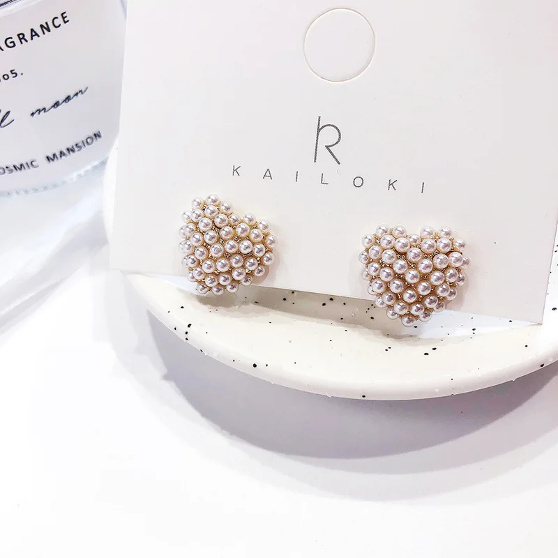 

Korean Girl Style Heart Silver Needle Stud Earrings Simple Imitation Pearl Small Earrings for Women Accessories Fashion Jewelry