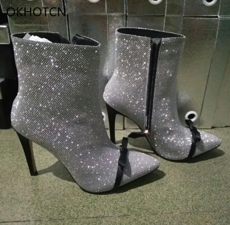 Botas mujer invierno/Роскошные колпачки для гаек; шикарные женские ботильоны на высоком каблуке с украшением в виде кристаллов; Женская обувь в стиле панк с бантом для подиума