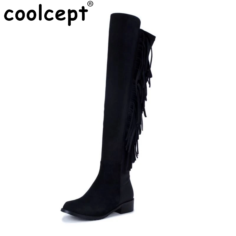 ФОТО New Design Women Real Leather Over Knee Boots Woman Round Toe Flat Long Boot Fashion Tassel Flats Shoes Size 34-39