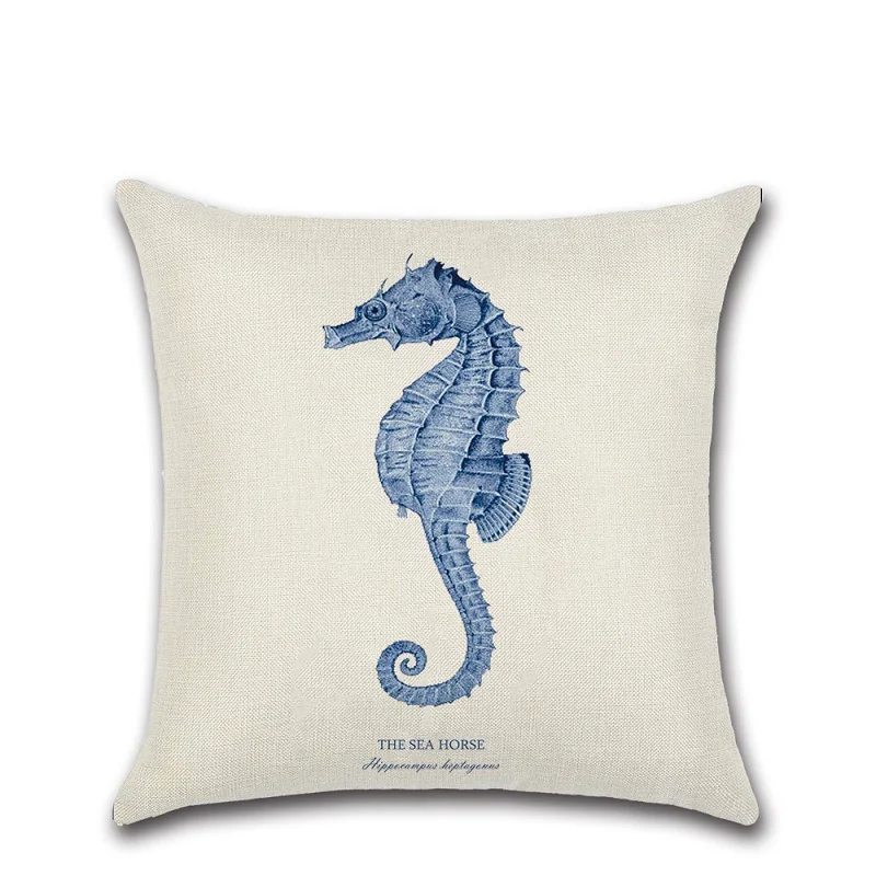 Marine Ocean Printed Cotton Linen Cushion Cover Starfish Seahorse Seaweed Coral Home Decorative Pillowcase for Sofa Wholesale