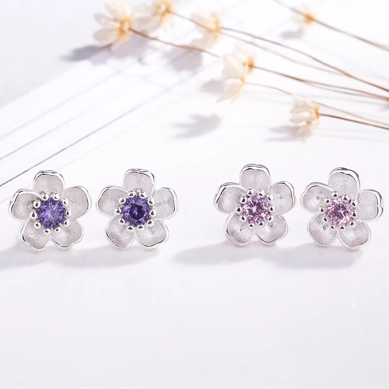 

Cute Silver Cherry Blossoms Flower Set Pink Stud Earrings for Women Girls Kids Jewelry Free Shipping