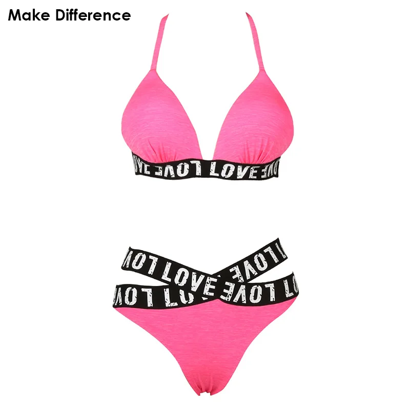

make difference Pink Push Up Bikini Set 2018 Women's Swimwear Swimming Bathing Suits Halter Bandage Swimsuits for Female
