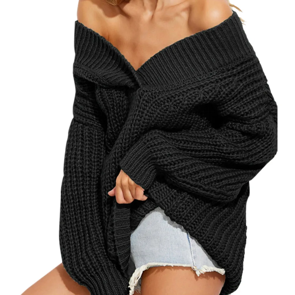 

Women Long Sleeve Strapless Loose V-neck Knitted Sweater Pullover Top Blouse Winter Chandail Femme Pullover Amazing W711