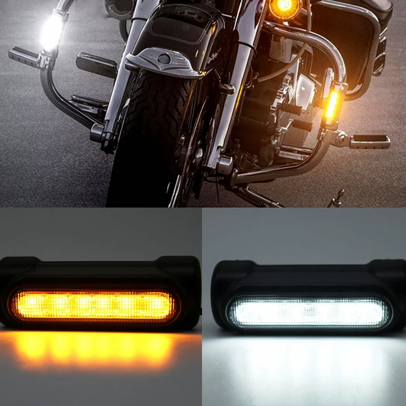 HIGHWAY BARS LED WHITE DRL LIGHTS & AMBER TURN SIGNAL HARLEY DAVIDSON, VICTORY - BLACHKT.jYpg
