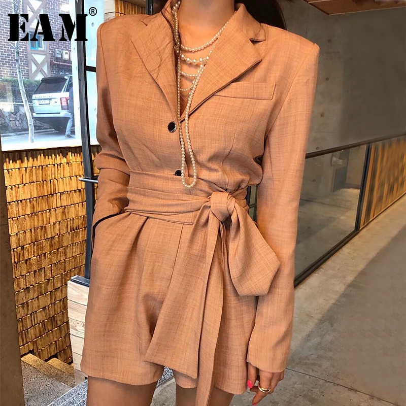 

[EAM] 2019 New Spring Summer High Waist Plaid Printed Bandage Irregular Temperament Stitch Loose Playsuits Women Fashion JX695