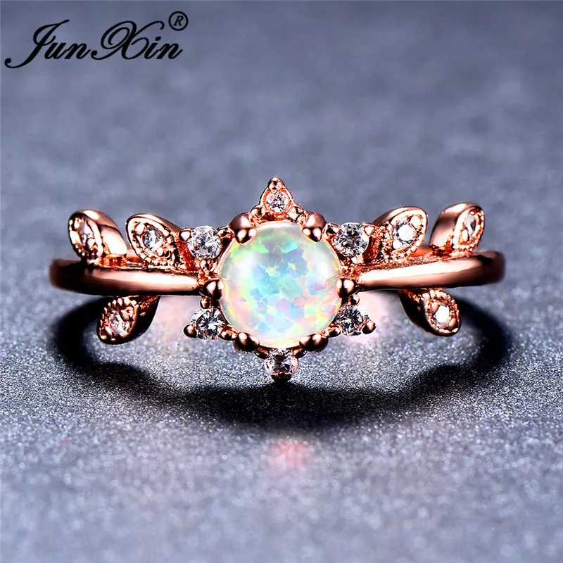 JUNXIN Unique Round Cut White Fire Opal Rings For Women Rose Gold Filled Leaf Flower Charm Wedding Bands Birthstone Finger Ring