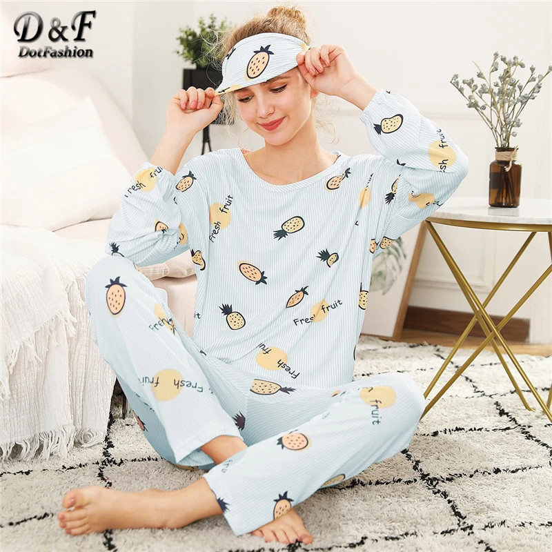 Цена Dotfashion с принтом ананаса пижамный комплект с маской глаза 2018 весна шею пижама с длинными рукавами Для женщин синий полосатый пижамы