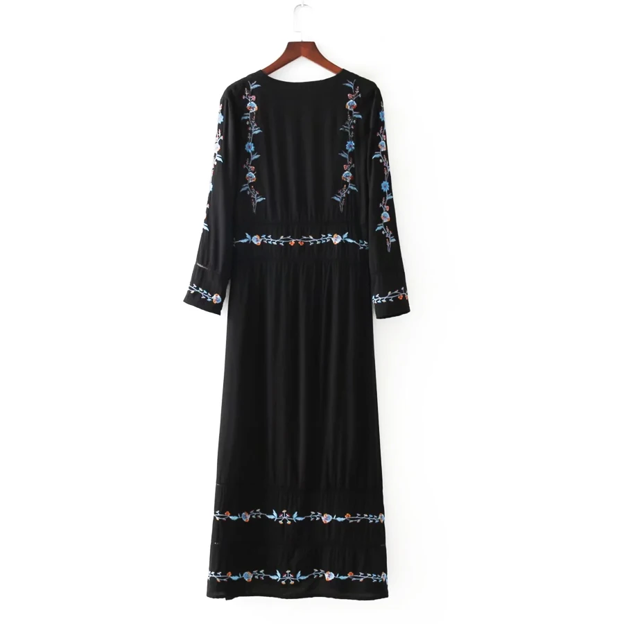 Boho черные длинные платья осень 2017 Цветочная вышивка платье запястье рукав v