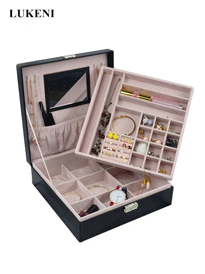 

Double Layer Portable Jewelry Case Leather Jewelry Box Organizer Princess Dressing Birthday Gift Earring Display Carrying Casket