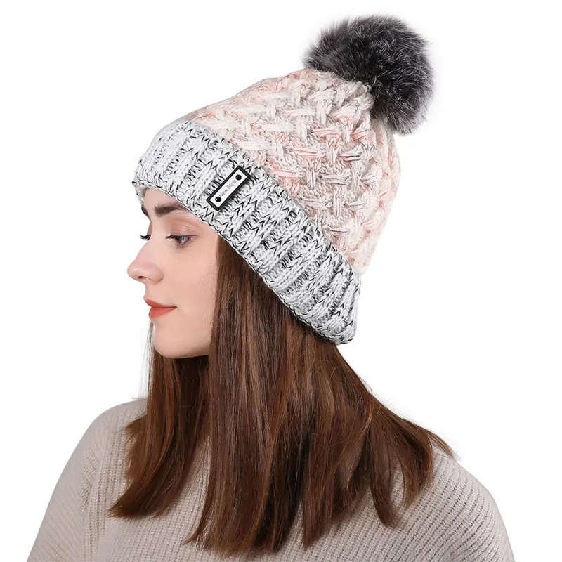 Double Layer Women Skullies Beanies Knitted Wool Fur Pompon Hats Female