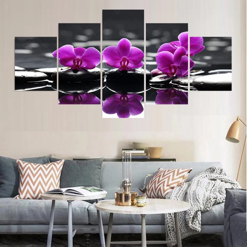 

5 Panel Modern Purple Water Flowers Painting Canvas Wall Art Home Decor Cuadros Decoracion Landscape Picture Framed