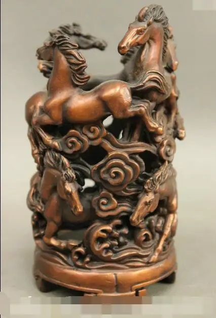 

song voge gem S6735 Chinese Pure Bronze Auspicious 8 Horse Sculpture Statue Brush Pot Pencil Vase