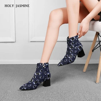 

2019 New Autumu/winter Women Ankle Boots Print Broken Denim Pointed Toe Square Heel High Heels Fashion Ladies Martin Boot Shoes