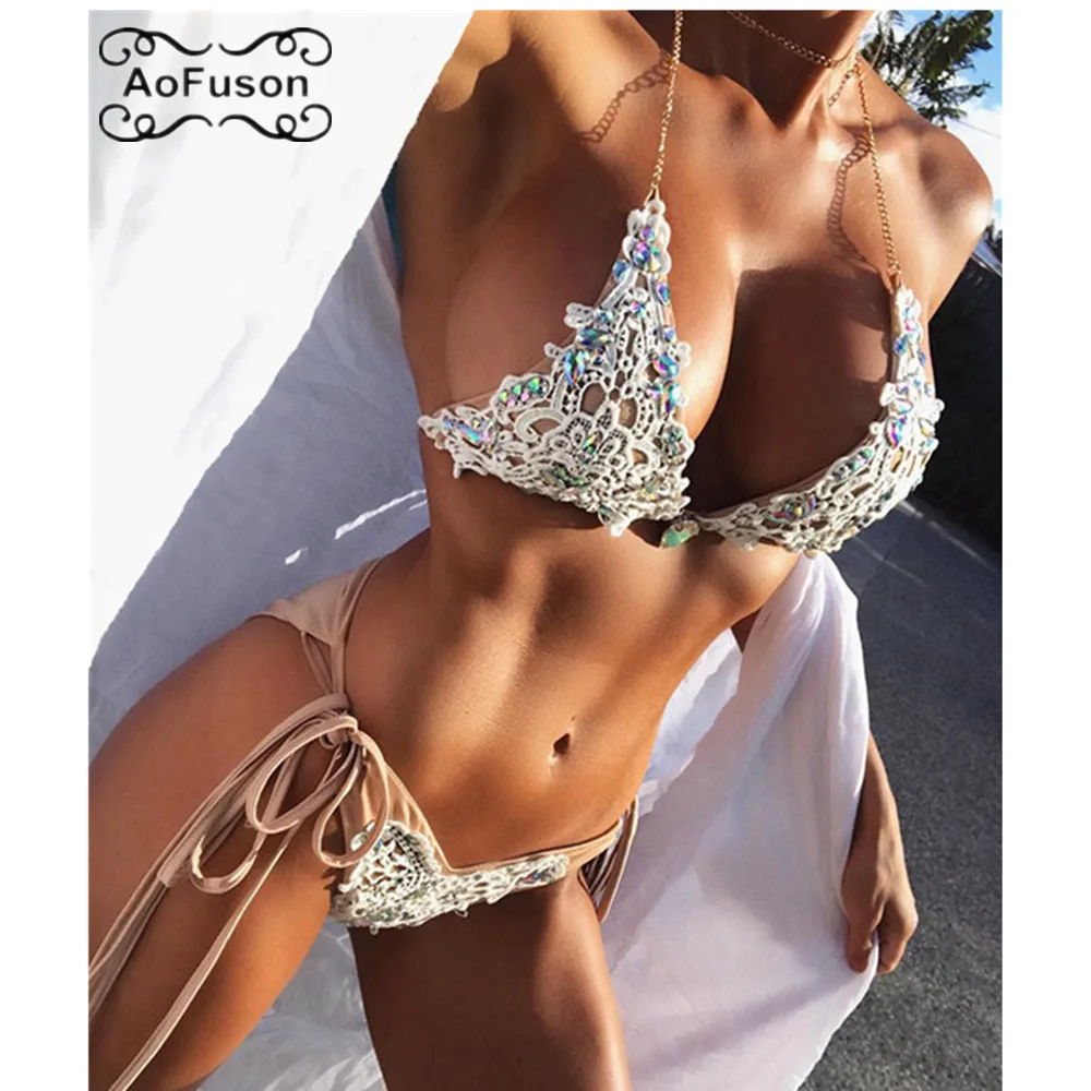 

2019 fashion sexy lace bikini women's brand design diamond swimsuit female crystal nude color Bandage Brazilian bikini swimwear