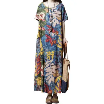 

New Fashion Ethnic Women Boho Summer Beach Round Neck Short Sleeve Sundress Vintage Floral Print Loose Button Lady Long Maxi Dre