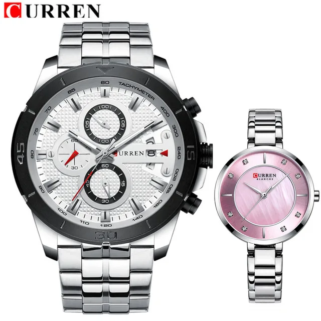 CURREN Top Brand Luxury Lovers Watches Full Steel Men Women Quartz Couple Watch Set Fashion Couple Watches For Lovers 1