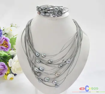 

Gros 15row 13 mm noir riz gris perle collier et bracelet en cuir