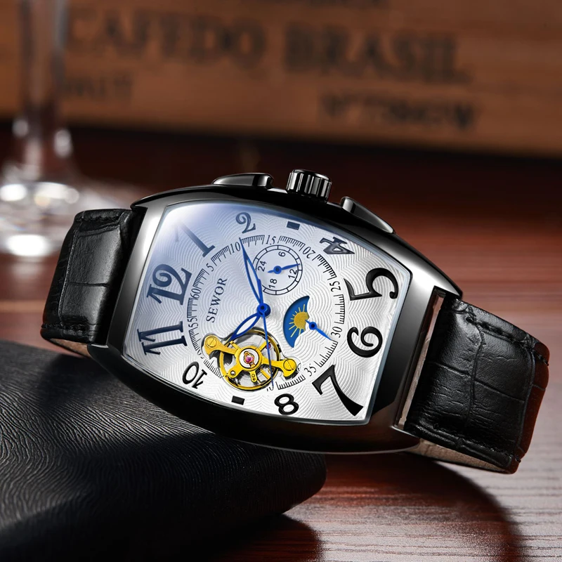 

SEWOR Mens 2019 New Fashion Magic Mirror Tonneau Wristwatch Tourbillon Mechanical Automatic Watch Men Sport Watch C423