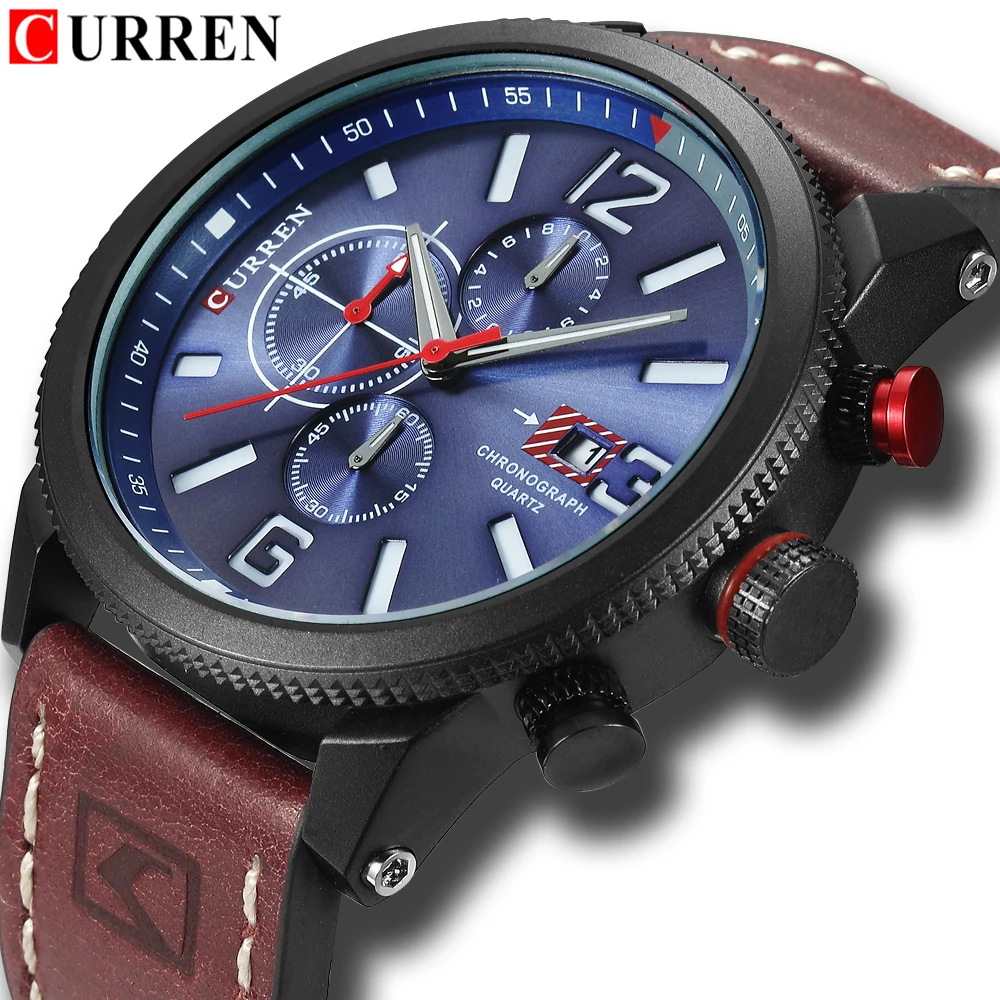 Brand New Fashion Quartz Men's Watch Chronograph Dial and Date Window Casual Business Wristwatch CURREN Leather Clock For Man