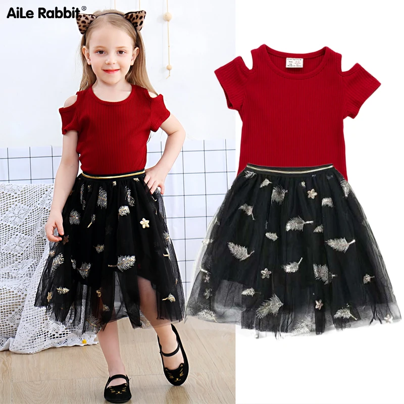 

Summer 2019 Girls Fashion Set Short Sleeve Top Tutu 2 Piece Set Off Shoulder Pink Red T-Shirt Kids Clothes
