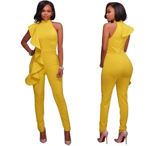 Mono de un solo hombro para otoño 2018, mono ajustado largo de con volantes, mono amarillo, Mono para WF198 - AliExpress Ropa de mujer