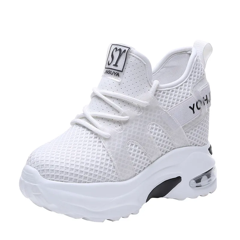 

2019 summer new wedge shoes women shoes super high heel 10cm platform summer mesh sneakers fashion solid white black sneakers