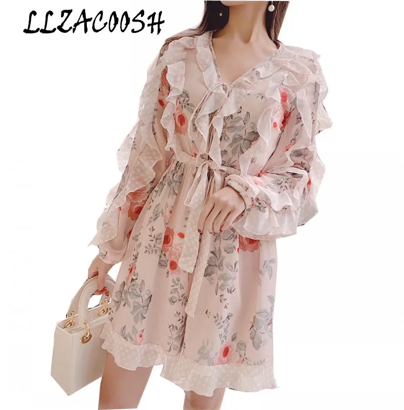 

Runway Summer Women Rompers 2019 Fashion chiffon pink Print Floral Long Sleeve Sexy V Neck Female Outfits Sashes Beach Jumpusits
