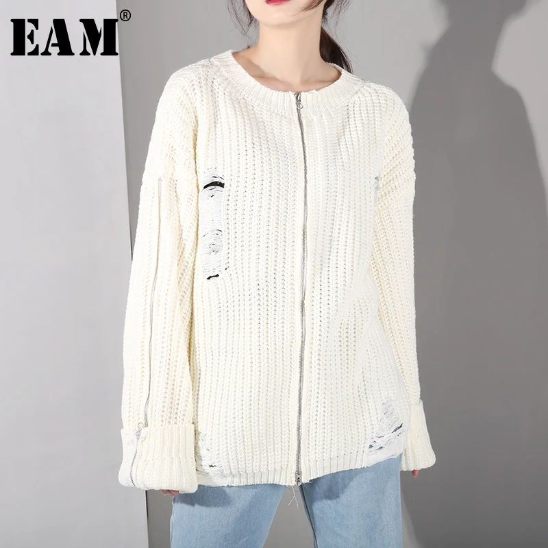 

[EAM] 2019 New Spring Round Neck Long Sleeve Beige Zipper Personality Big Size Knitting Open Stitch Women Fashion Tide WD446