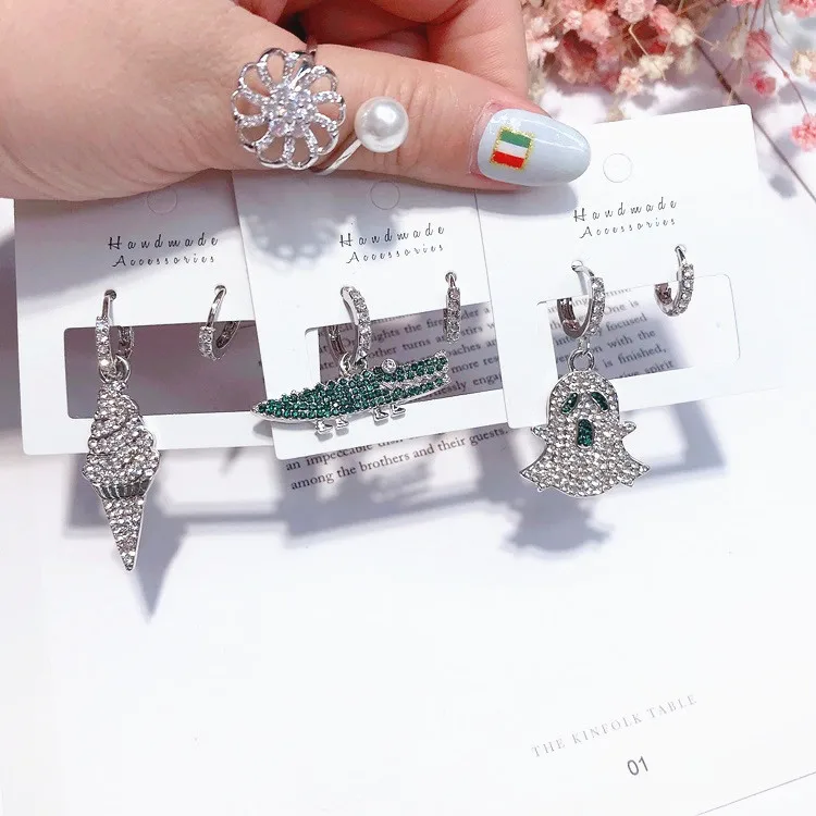 

ghost crocodile Ice cream asymmetric CZ earring 925 silver pin Hypoallergenic fadeless fashion jewelry stud earrings women gift
