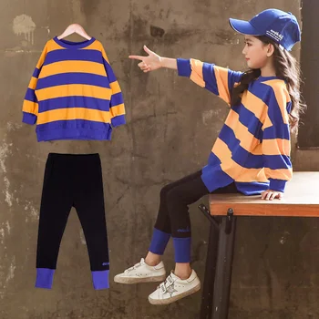 

2020 2pcs Girls Clothes Sets Baby Girls Long Sleeve Striped Shirts Tops + Pants Suits Kids Clothing Sets Children's Clothes Sale