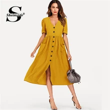 Sheinside имбирь Однобортный закатать рукава летнее платье V шеи Половина рукава линия Бохо платья для Для женщин рубашка платье
