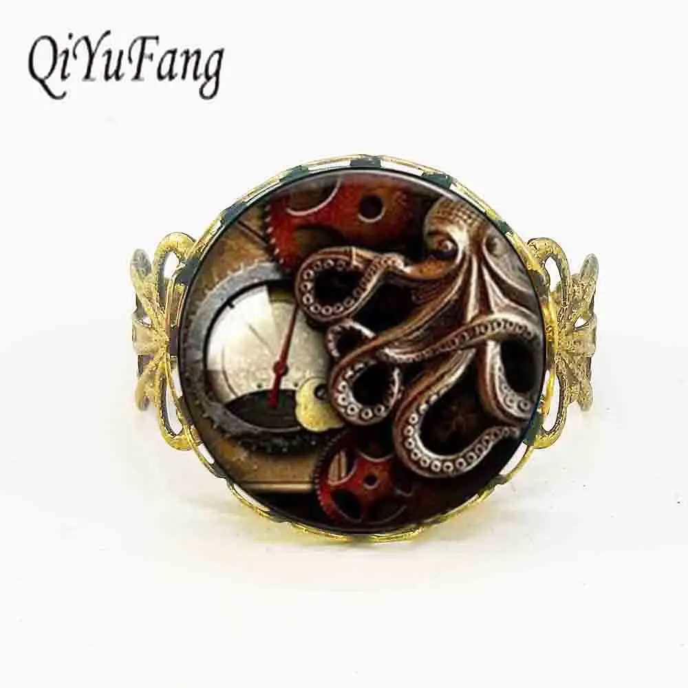 

Steampunk Animals Octopus Clock Glass Art Ring High Quality new jewelry gift men women 1pcs/lot charming fashion xmas adjustable