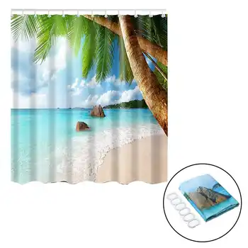

Bathroom Shower Curtain Tropical Beach Trees Waterproof Mildew Proof Polyester Shower Curtain with 12 Hooks 180X180cm