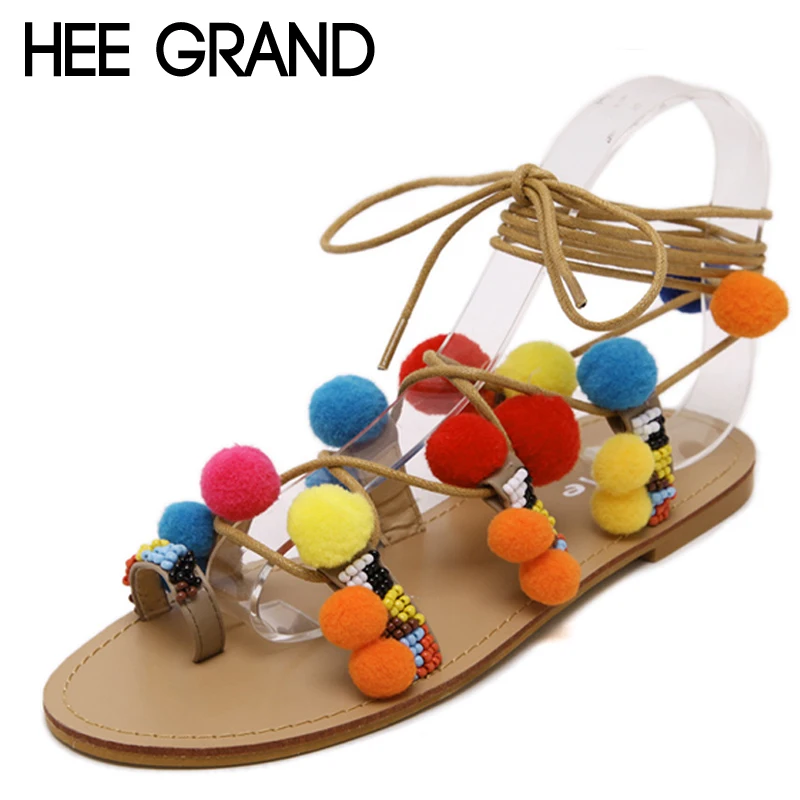 

HEE GRAND Colorful Poms Summer Women Sandals 2018 Flip Flop Rome Style Gladiator Casual Flats Shoes Woman XWZ4645