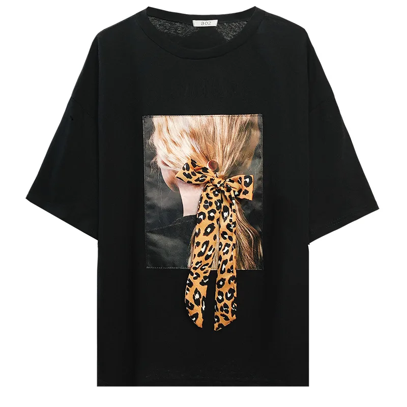 Leopard Bow Tie Patch Tee Shirts 2019 Summer Cotton T Shirts Femme Short Sleeve Tops O-neck Loose Print Tshirts L-4XL 0420-46