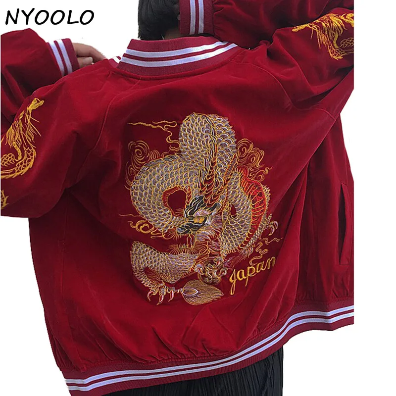 NYOOLO дизайн лучшее качество Уличная бейсбольная форма Дракон вышитые Вельветовая куртка на молнии Женская/мужская одежда верхняя одежда